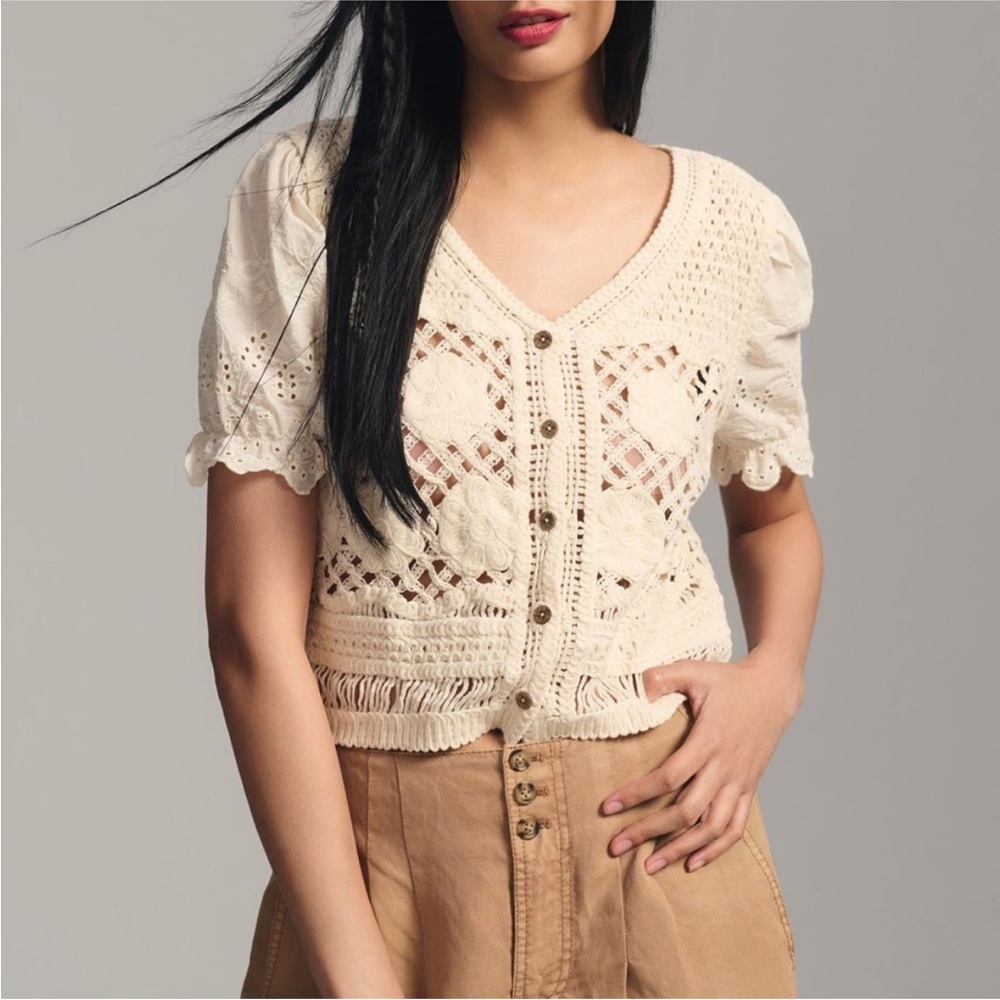 Anthropologie NVLT Cream cropped Puff-Sleeve Button-Up Cardigan